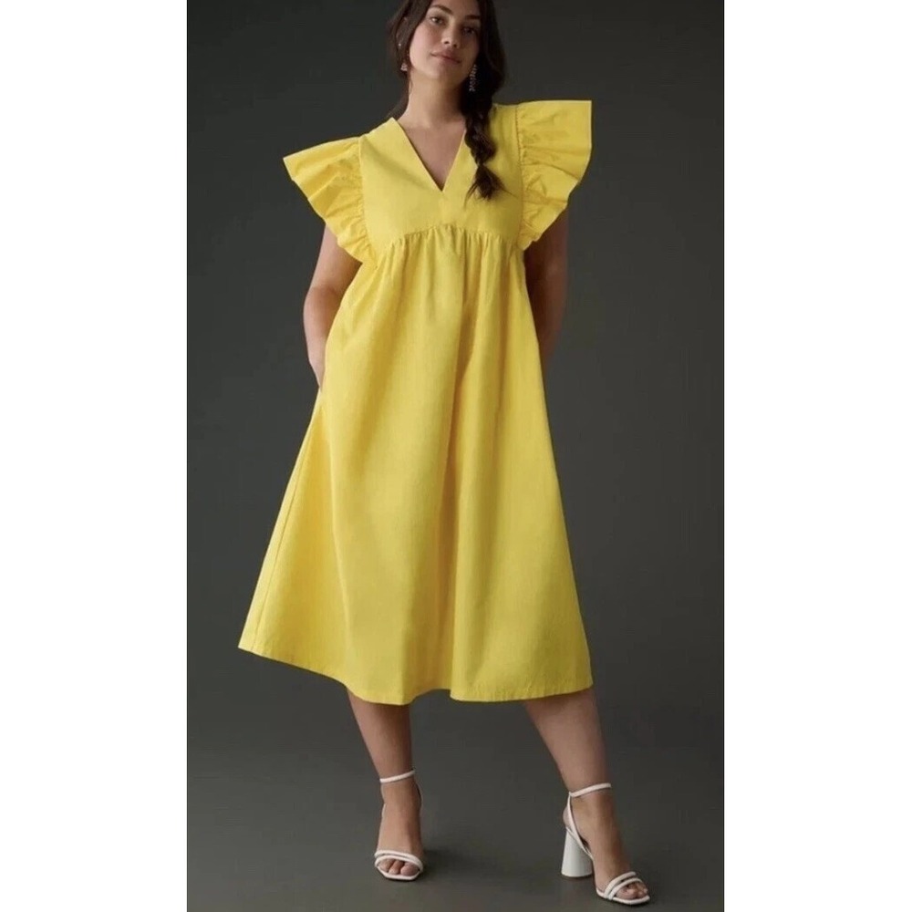 Anthropologie‎ Maeve Bright Yellow Flutter-Sleeve midi Dress size S Poplin